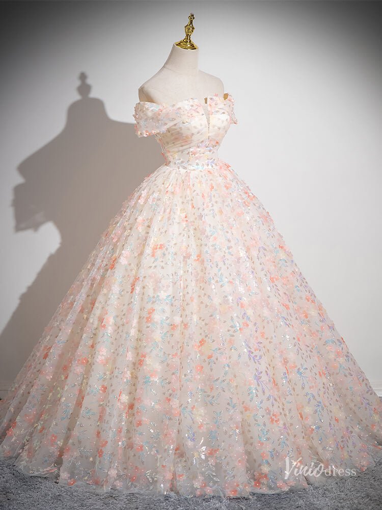 Blush Pink Floral Sequin Lace Prom Ball Gown Off the Shoulder Quinceanera Dresses BG053-prom dresses 2025 -Viniodress-Blush Pink-Custom Size-