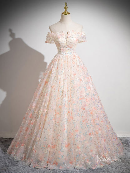 Blush Pink Floral Sequin Lace Prom Ball Gown Off the Shoulder Quinceanera Dresses BG053-prom dresses 2025 -Viniodress-Blush Pink-Custom Size-
