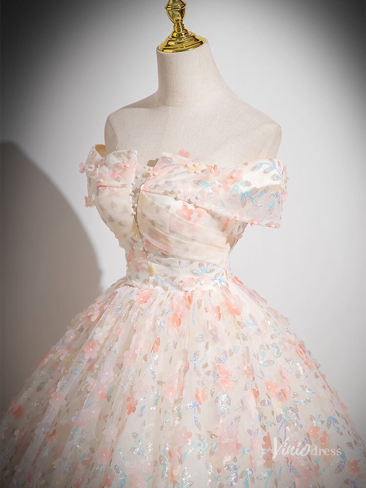Blush Pink Floral Sequin Lace Prom Ball Gown Off the Shoulder Quinceanera Dresses BG053-prom dresses 2025 -Viniodress-Blush Pink-Custom Size-