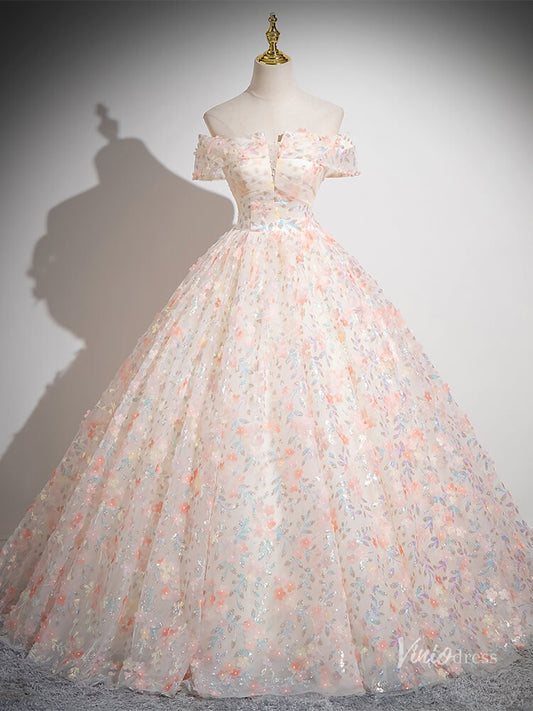 Blush Pink Floral Sequin Lace Prom Ball Gown Off the Shoulder Quinceanera Dresses BG053-prom dresses 2025 -Viniodress-Blush Pink-Custom Size-