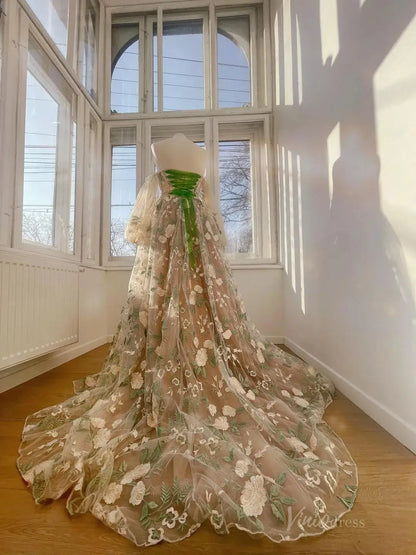 Blush Pink Floral Wedding Dress with Pearl Bodice, Detachable Puff Sleeves FW136-wedding dresses 2025 -Viniodress-Floral-Custom Size-