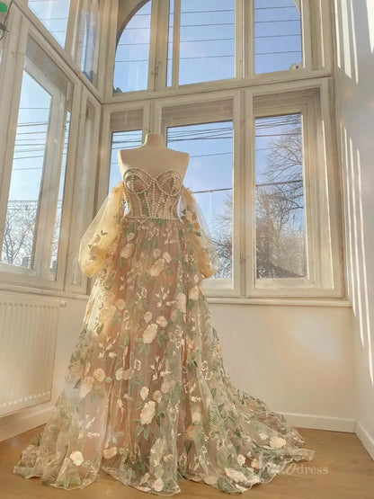 Blush Pink Floral Wedding Dress with Pearl Bodice, Detachable Puff Sleeves FW136-wedding dresses 2025 -Viniodress-Floral-Custom Size-