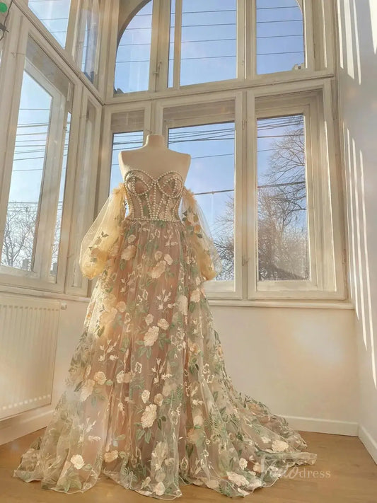 Blush Pink Floral Wedding Dress with Pearl Bodice, Detachable Puff Sleeves FW136-wedding dresses 2025 -Viniodress-Floral-Custom Size-