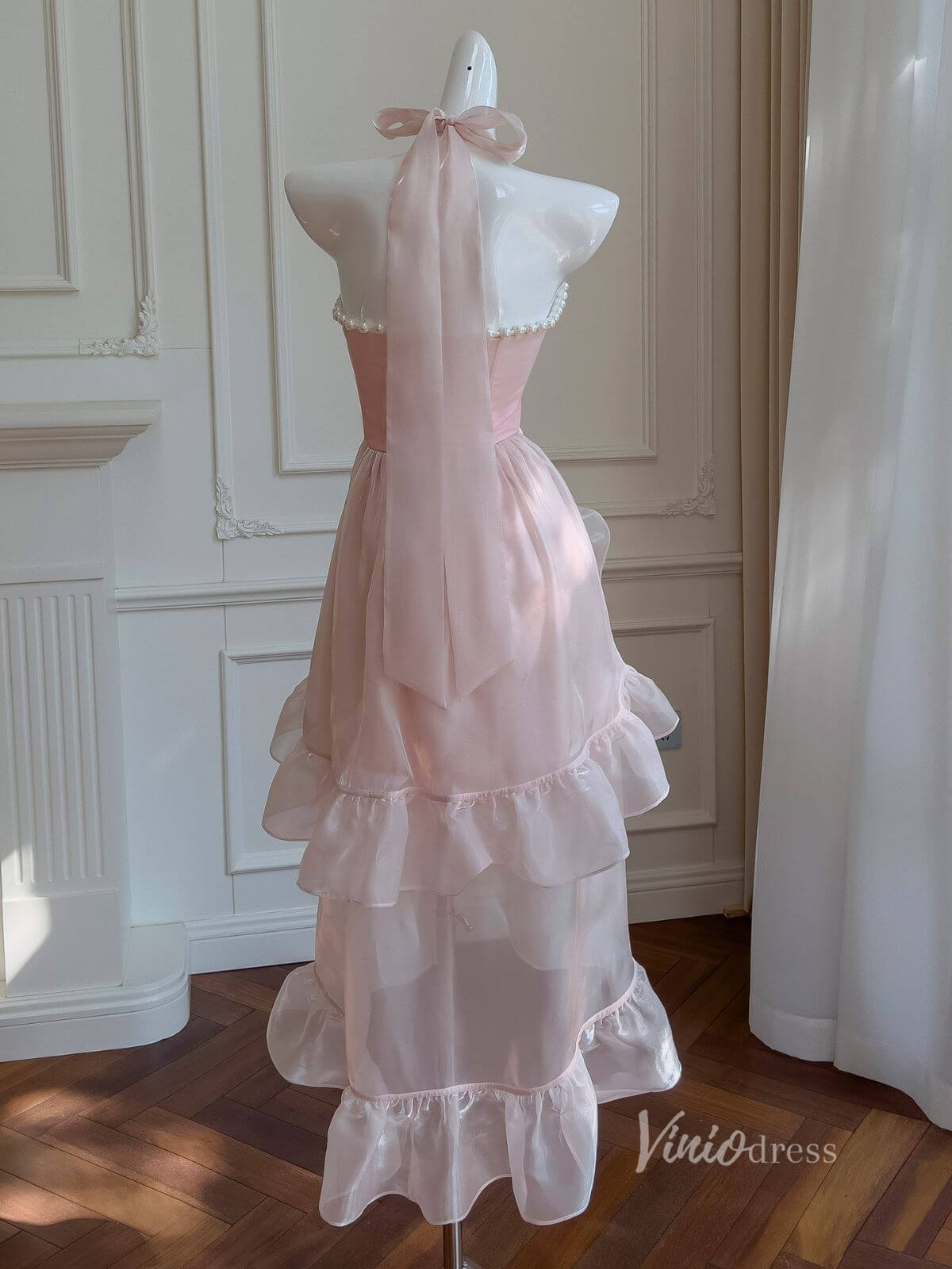 Blush Pink High Low Ruffle Prom Dresses Pearl Neckline Bow Halter Neck FD4032-prom dresses 2025 -Viniodress-Blush Pink-Custom Size-