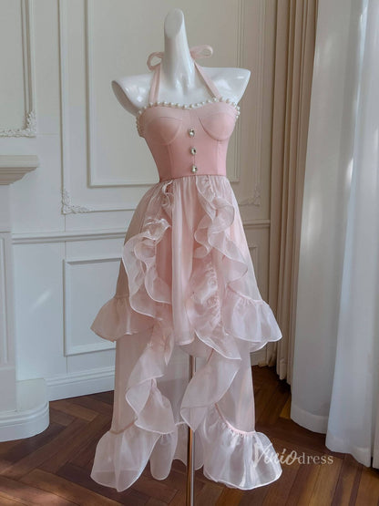 Blush Pink High Low Ruffle Prom Dresses Pearl Neckline Bow Halter Neck FD4032-prom dresses 2025 -Viniodress-Blush Pink-Custom Size-