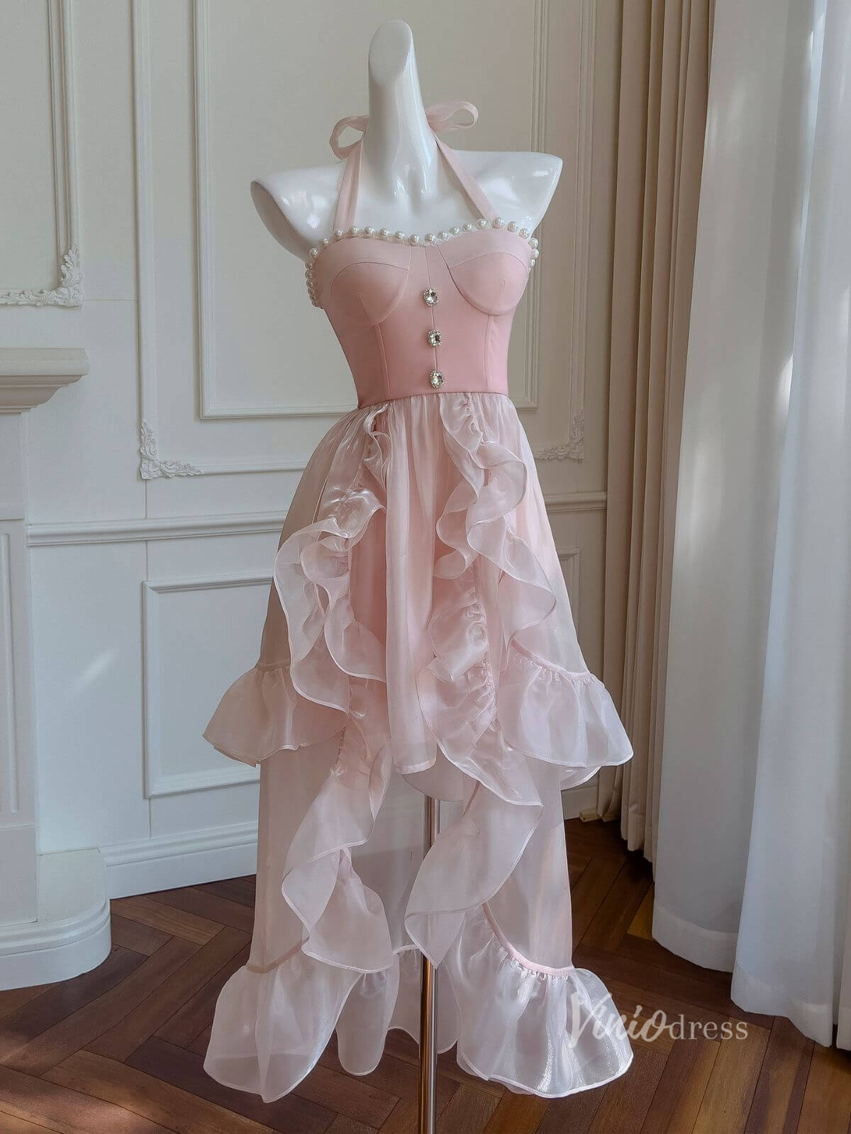 Blush Pink High Low Ruffle Prom Dresses Pearl Neckline Bow Halter Neck FD4032-prom dresses-Viniodress-Blush Pink-Custom Size-Viniodress