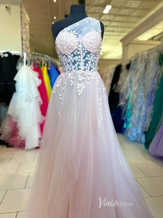 Blush Pink Lace Applique One Shoulder Prom Dresses Sheer Boned Bodice FD4041 - Viniodressprom dressesBlush PinkCustom Size - Formal Dresses - Ball Gowns