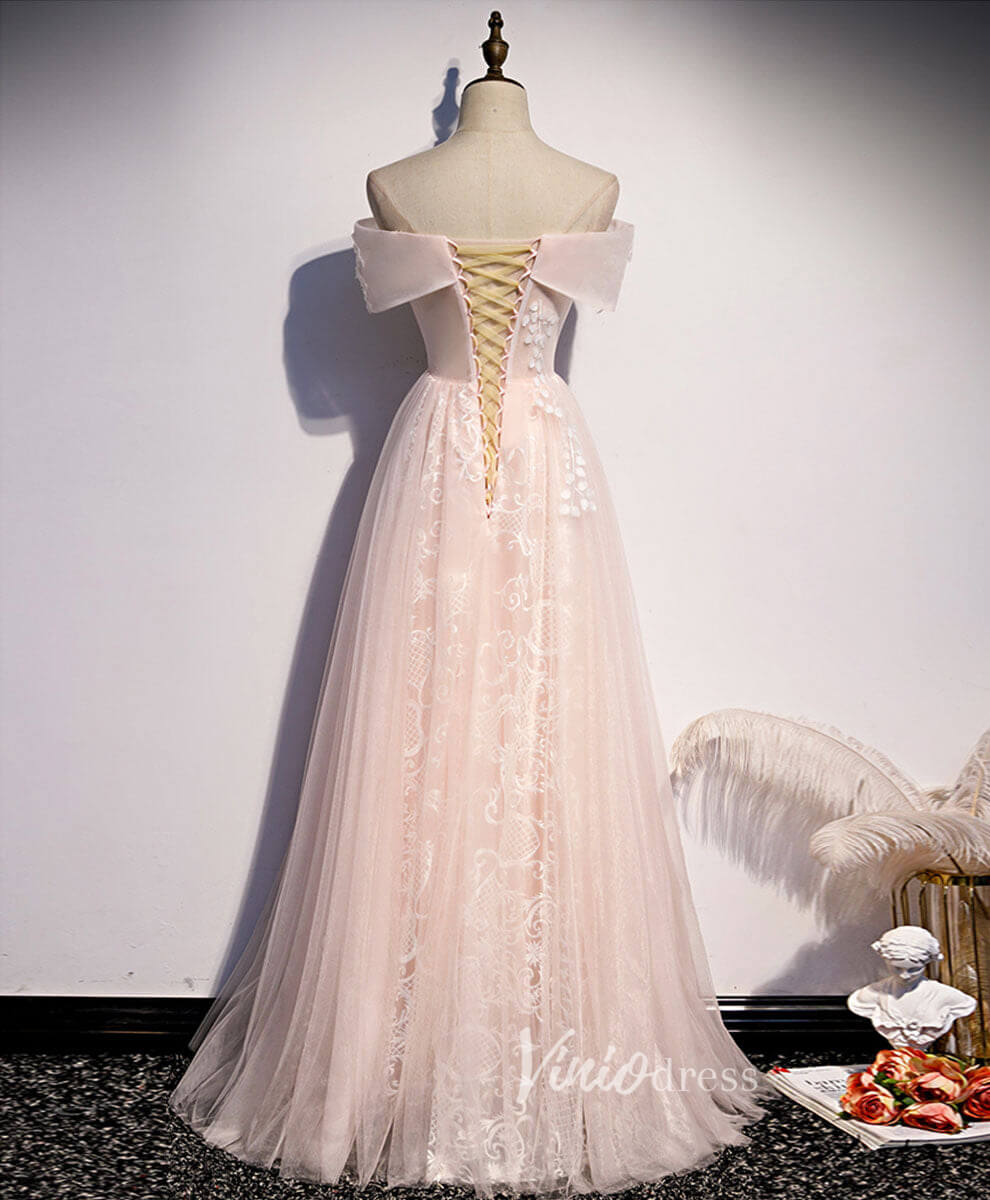 Prom Dress 2025 Blush Pink Lace Applique Prom Dresses Off the Shoulder Evening Dress FD3163-unique prom dresses-Blush Pink-Custom Size-Viniodress