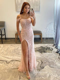 Blush Pink Lace Applique Prom Dresses with Slit Mermaid Spaghetti Strap Evening Dress FD3583