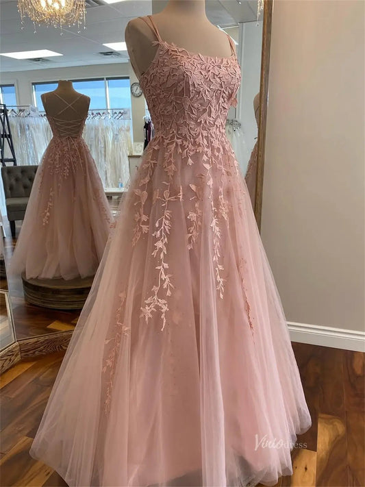 Blush Pink Lace Prom Dress with Spaghetti Straps & Lace-Up Back - FD5165-prom dresses 2025 -Viniodress-Blush Pink-Custom Size-