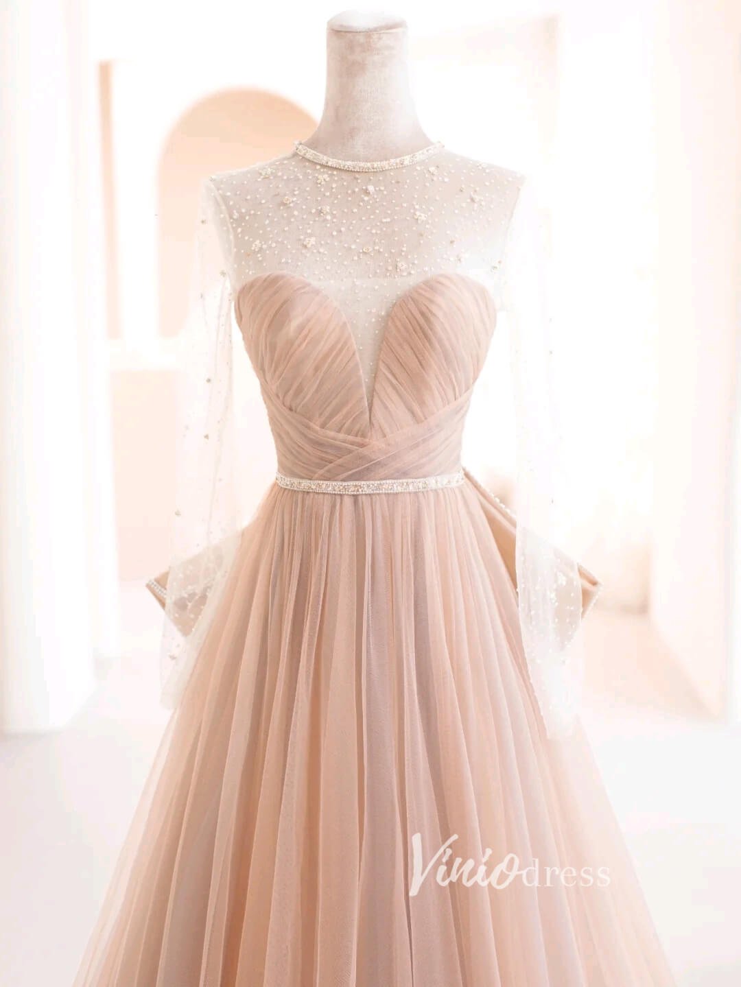 Blush Pink Long Sleeve Prom Dresses Sweetheart Neck Formal Gown FD3420-prom dresses 2025 -Viniodress-Blush Pink-Custom Size-