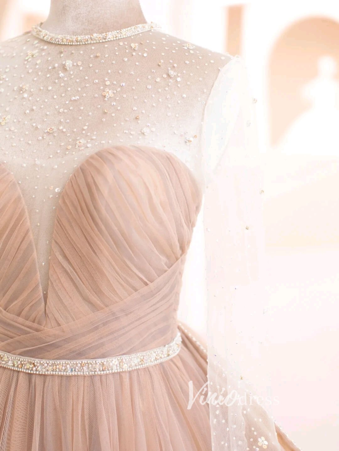 Blush Pink Long Sleeve Prom Dresses Sweetheart Neck Formal Gown FD3420-prom dresses 2025 -Viniodress-Blush Pink-Custom Size-