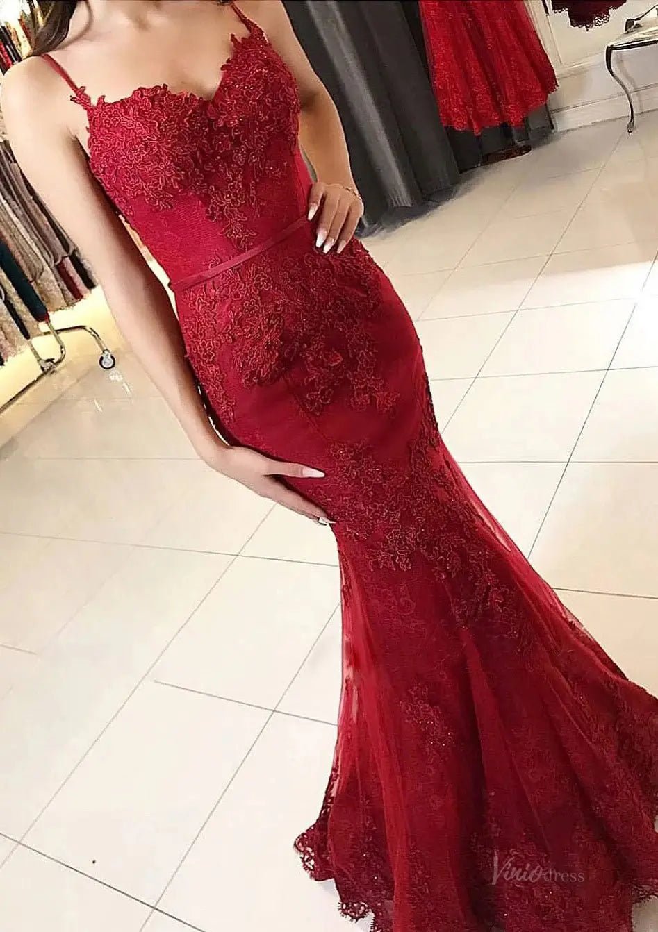 Blush Pink Mermaid Prom Dress 2025 with Lace Appliue & Spaghetti Straps – FD5004-prom dresses 2025 -Viniodress-Red-Custom Size-