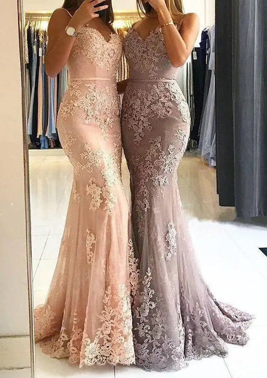Blush Pink Mermaid Prom Dress 2025 with Lace Appliue & Spaghetti Straps – FD5004-prom dresses 2025 -Viniodress-Blush Pink-Custom Size-