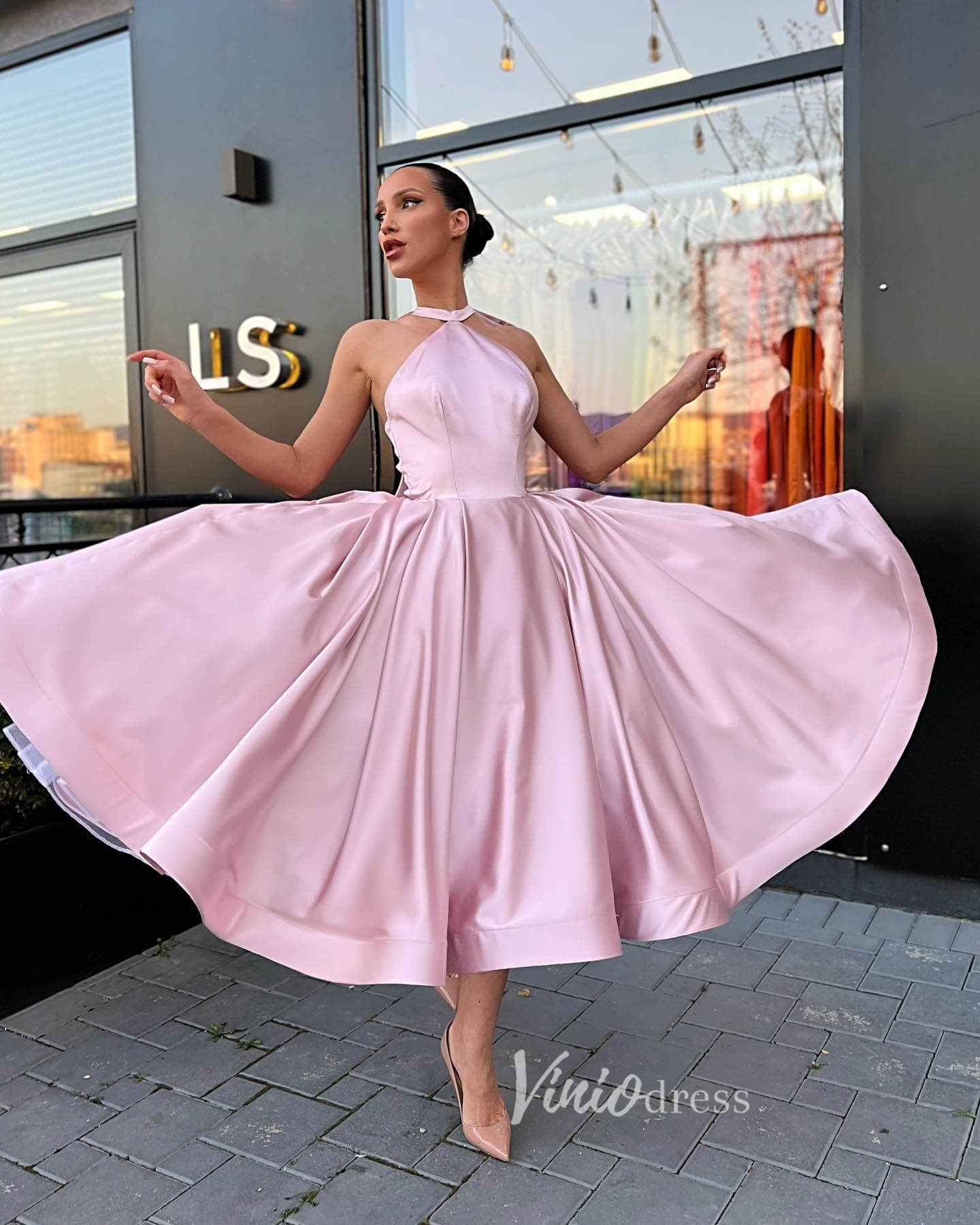 Prom Dress 2025 Blush Pink Mid-Length Prom Dresses Halter Neck Short Formal Dress FD3143-unique prom dresses-Blush Pink-Custom Size-Viniodress