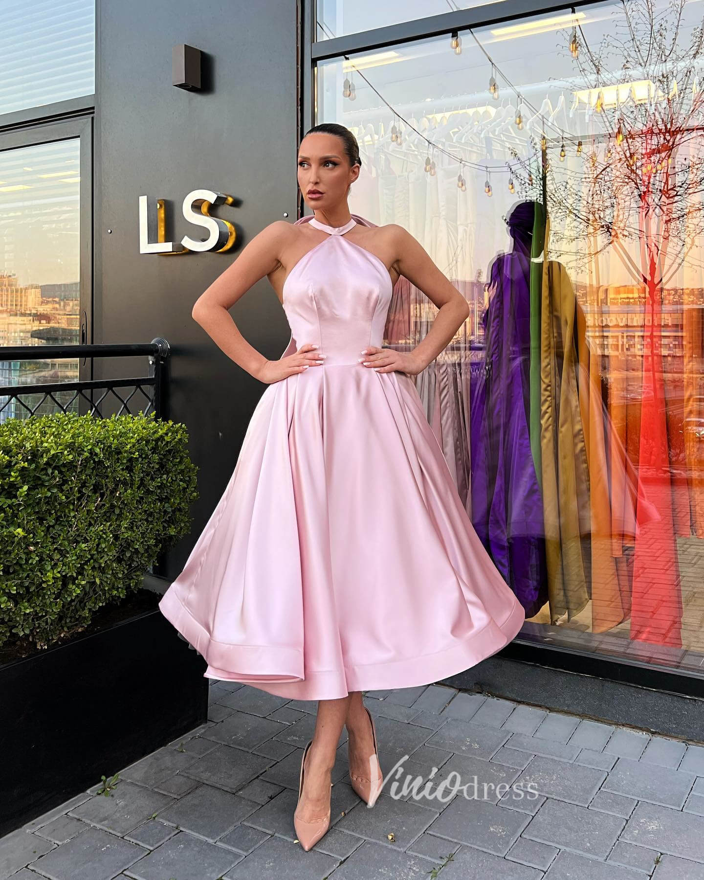 Prom Dress 2025 Blush Pink Mid-Length Prom Dresses Halter Neck Short Formal Dress FD3143-unique prom dresses-Blush Pink-Custom Size-Viniodress