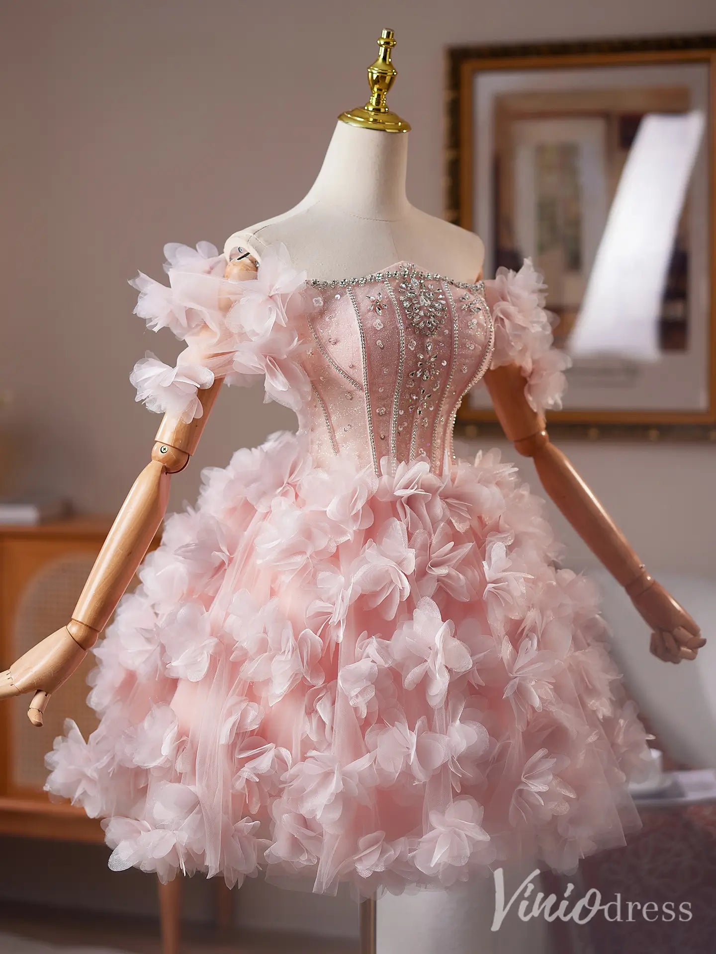 Blush Pink Off-Shoulder Homecoming Dress with Beaded Corset Bodice and 3D Floral Tulle Skirt – BJ081-Homecoming Dresses 2025 -Viniodress-Blush-Custom Size-