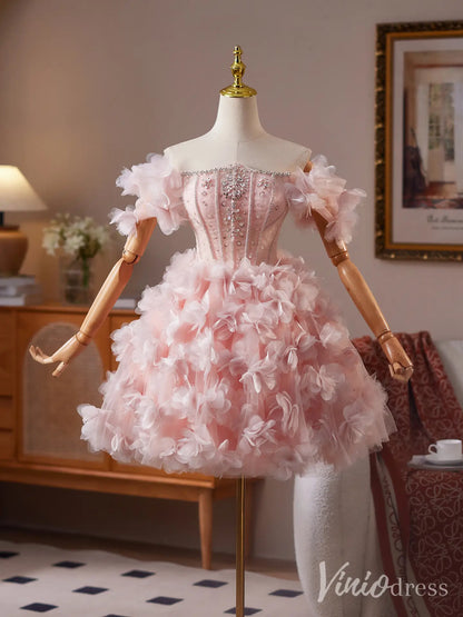 Blush Pink Off-Shoulder Homecoming Dress with Beaded Corset Bodice and 3D Floral Tulle Skirt – BJ081-Homecoming Dresses 2025 -Viniodress-Blush-Custom Size-