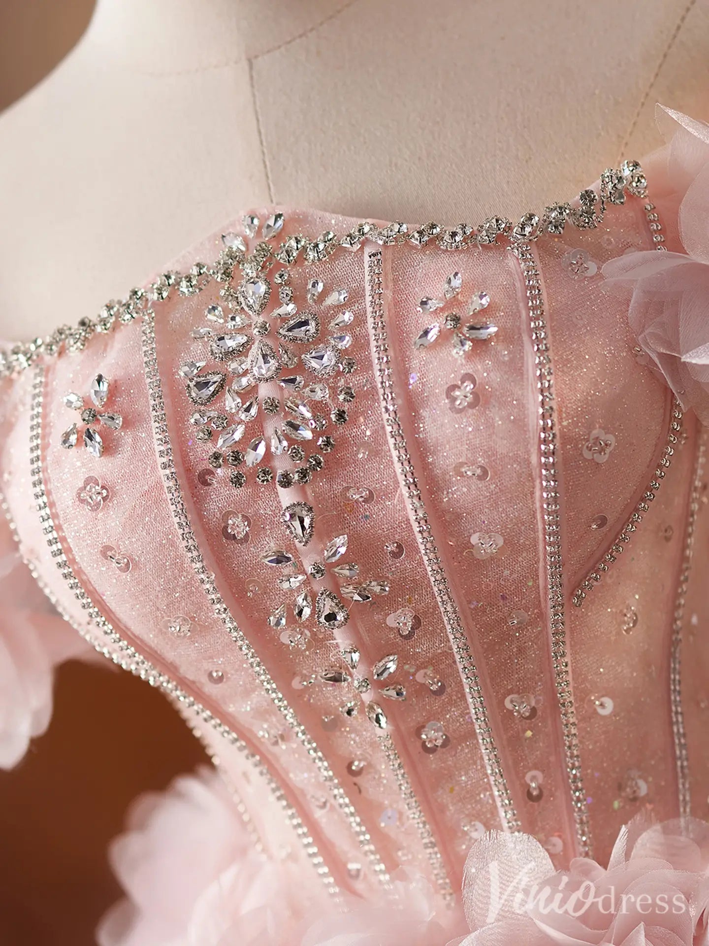 Blush Pink Off-Shoulder Homecoming Dress with Beaded Corset Bodice and 3D Floral Tulle Skirt – BJ081-Homecoming Dresses 2025 -Viniodress-Blush-Custom Size-