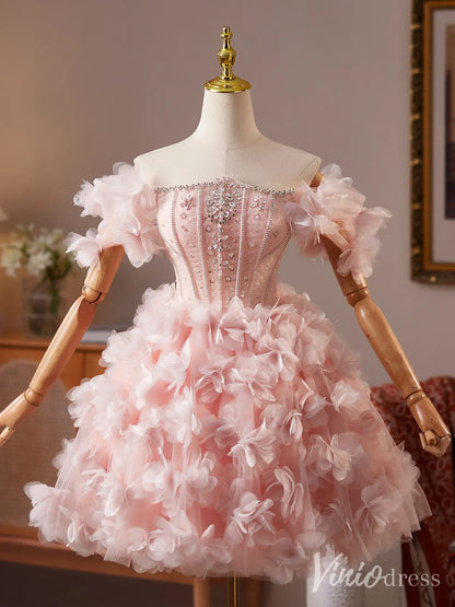 Blush Pink Off-Shoulder Homecoming Dress with Beaded Corset Bodice and 3D Floral Tulle Skirt – BJ081-Homecoming Dresses 2025 -Viniodress-Blush-Custom Size-
