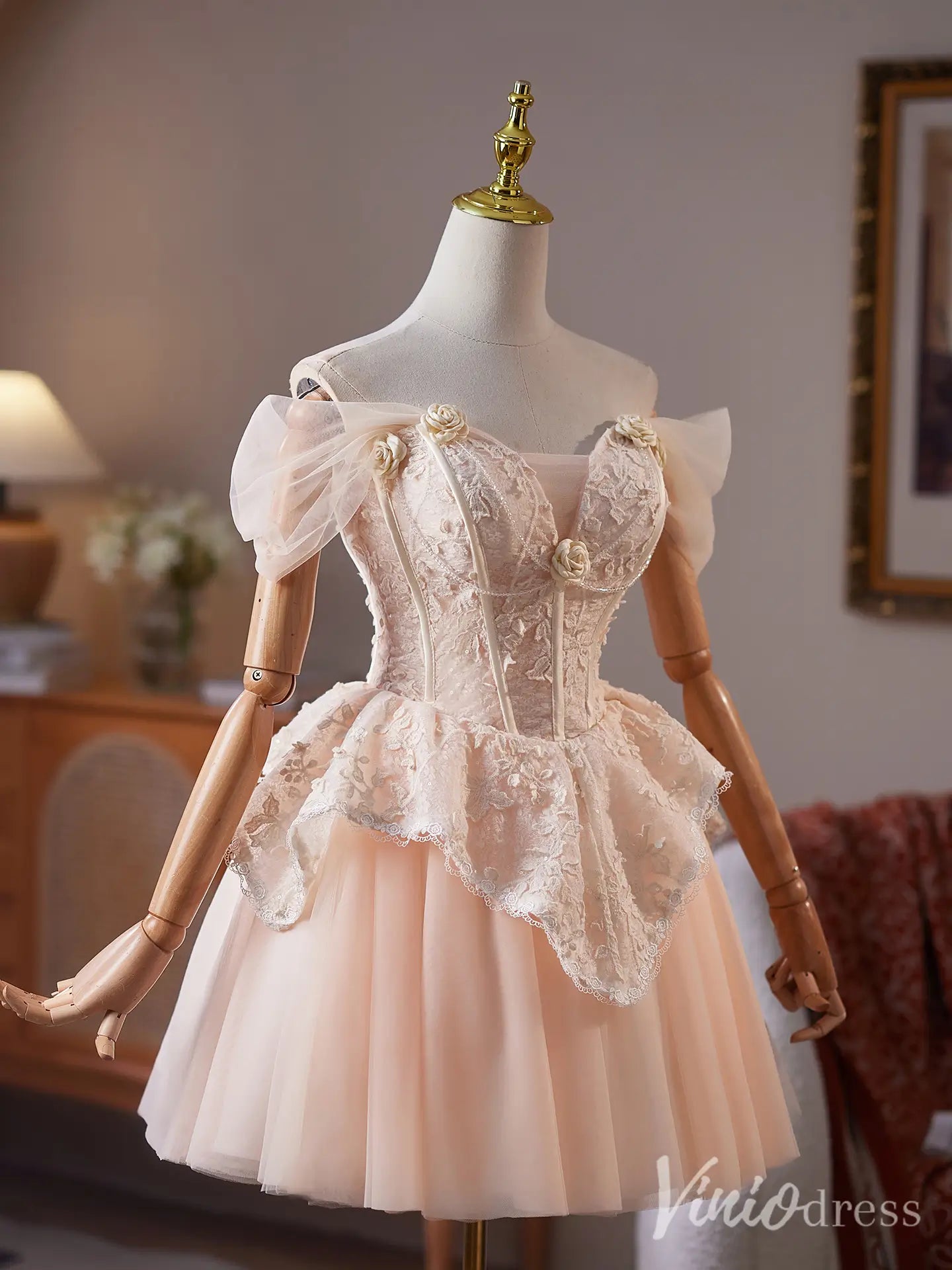 Blush Pink Off-Shoulder Homecoming Dress with Embroidered Corset Bodice and Tulle Skirt – BJ085-Homecoming Dresses 2025 -Viniodress-Blush-Custom Size-