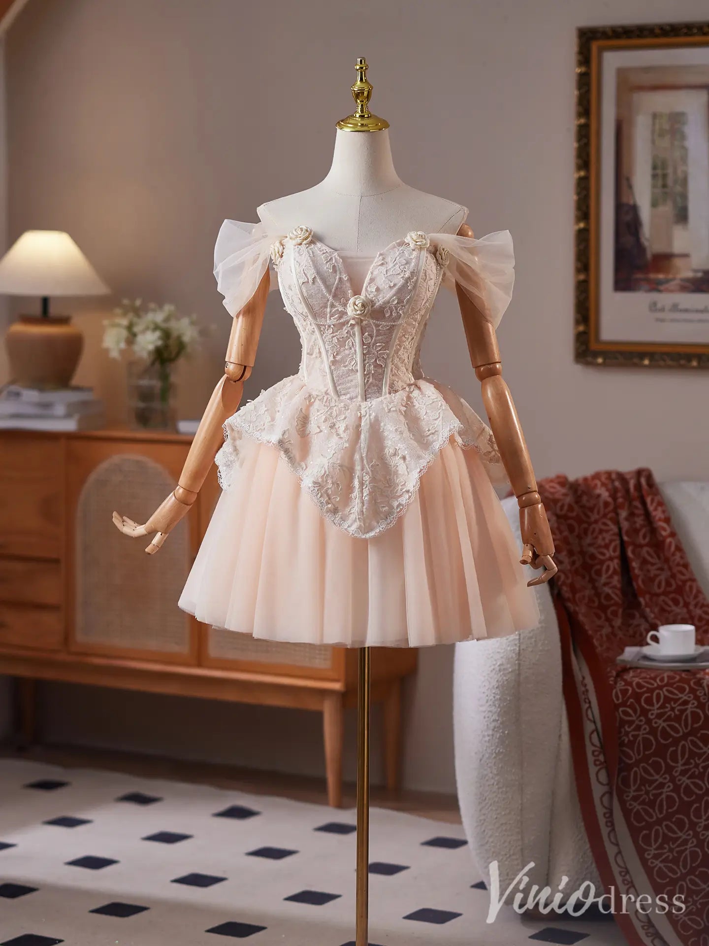 Blush Pink Off-Shoulder Homecoming Dress with Embroidered Corset Bodice and Tulle Skirt – BJ085-Homecoming Dresses 2025 -Viniodress-Blush-Custom Size-