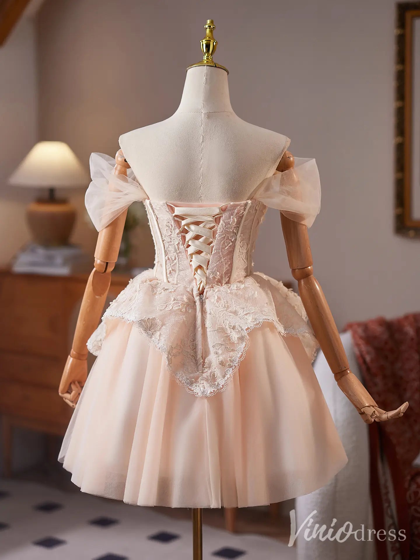 Blush Pink Off-Shoulder Homecoming Dress with Embroidered Corset Bodice and Tulle Skirt – BJ085-Homecoming Dresses 2025 -Viniodress-Blush-Custom Size-