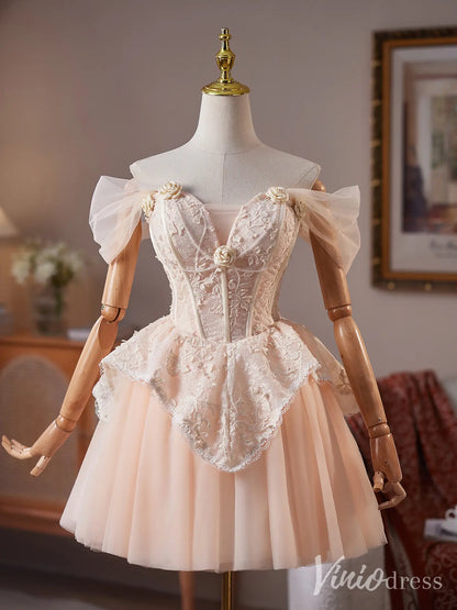 Blush Pink Off-Shoulder Homecoming Dress with Embroidered Corset Bodice and Tulle Skirt – BJ085-Homecoming Dresses 2025 -Viniodress-Blush-Custom Size-