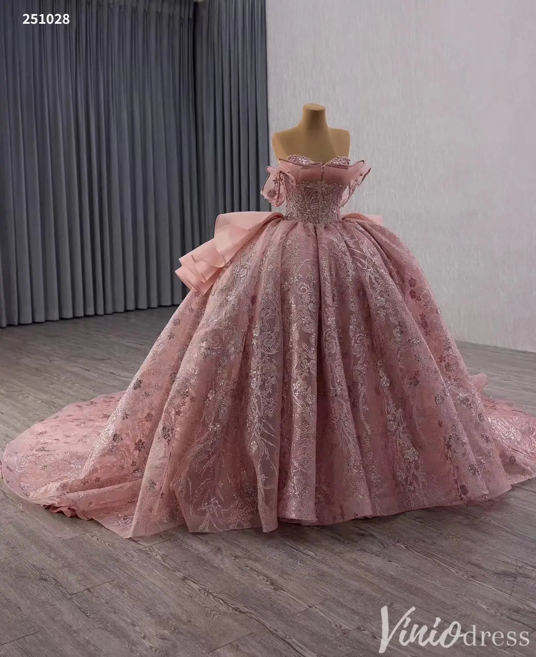 Blush Pink Off Shoulder Quinceañera Dress with Glitter Tulle and Ruffle Overskirt 251028-Quinceanera Dresses 2025 -Viniodress-Pink-Custom Size-