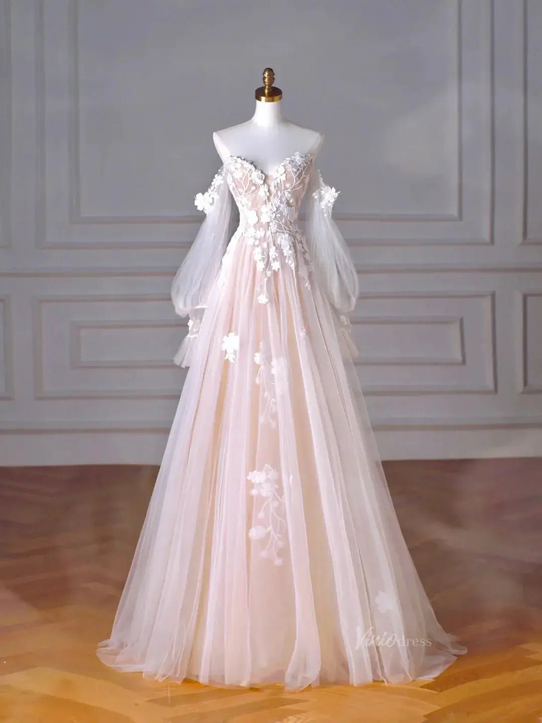 Blush Pink Off the Shoulder Lace Prom Dresses with Long Sleeve, 3D Flower & Sweetheart Neck - FD5102-prom dresses 2025 -Viniodress-Blush Pink-Custom Size-