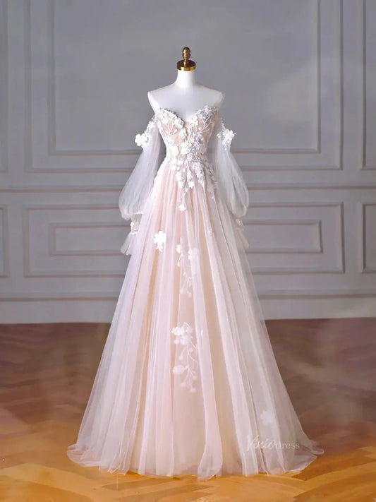 Blush Pink Off the Shoulder Lace Prom Dresses with Long Sleeve, 3D Flower & Sweetheart Neck - FD5102-prom dresses 2025 -Viniodress-Blush Pink-Custom Size-