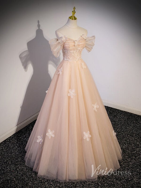 Blush Pink Off the Shoulder Prom Dresses 3D Flower Lace Applique 90045-prom dresses 2025 -Viniodress-Blush Pink-Custom Size-