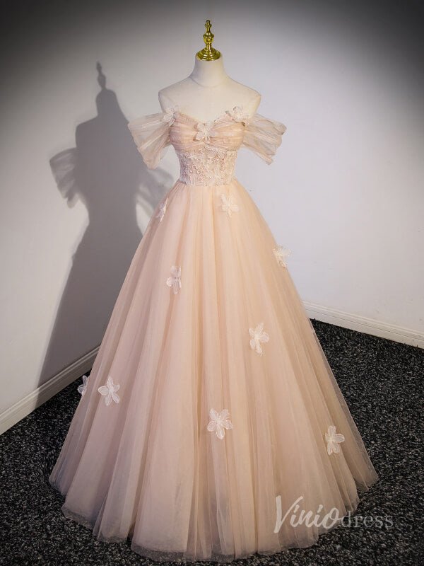 Blush Pink Off the Shoulder Prom Dresses 3D Flower Lace Applique 90045-prom dresses 2025 -Viniodress-Blush Pink-Custom Size-
