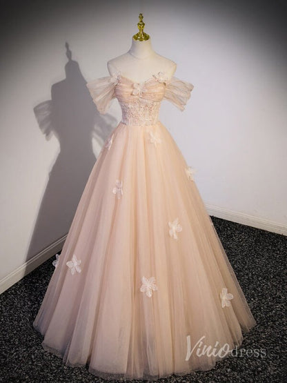 Blush Pink Off the Shoulder Prom Dresses 3D Flower Lace Applique 90045-prom dresses 2025 -Viniodress-Blush Pink-Custom Size-