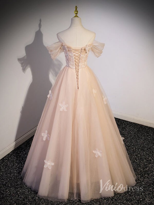 Blush Pink Off the Shoulder Prom Dresses 3D Flower Lace Applique 90045-prom dresses 2025 -Viniodress-Blush Pink-Custom Size-