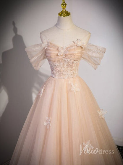Blush Pink Off the Shoulder Prom Dresses 3D Flower Lace Applique 90045-prom dresses 2025 -Viniodress-Blush Pink-Custom Size-