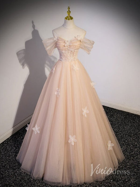 Blush Pink Off the Shoulder Prom Dresses 3D Flower Lace Applique 90045-prom dresses 2025 -Viniodress-Blush Pink-Custom Size-