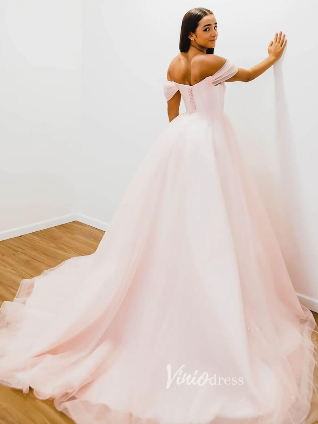 Prom Dress 2025 Blush Pink Off the Shoulder Prom Dresses A-Line Tulle Evening Dress FD3093-unique prom dresses-Blush Pink-Custom Size-Viniodress