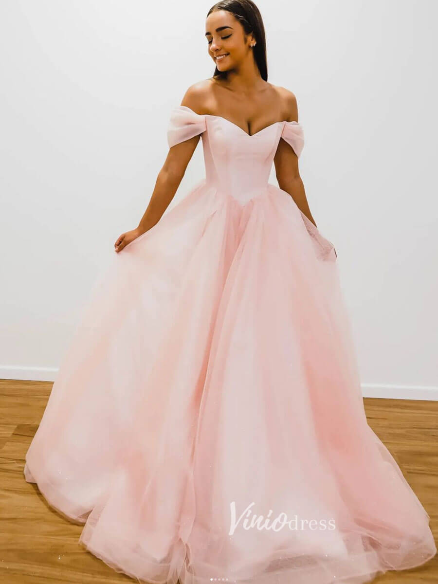 Prom Dress 2025 Blush Pink Off the Shoulder Prom Dresses A-Line Tulle Evening Dress FD3093-unique prom dresses-Blush Pink-Custom Size-Viniodress