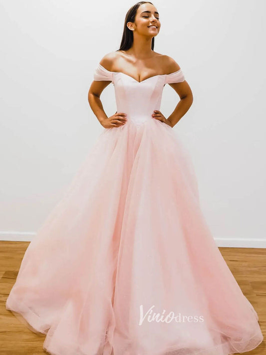 Prom Dress 2025 Blush Pink Off the Shoulder Prom Dresses A-Line Tulle Evening Dress FD3093-unique prom dresses-Blush Pink-Custom Size-Viniodress