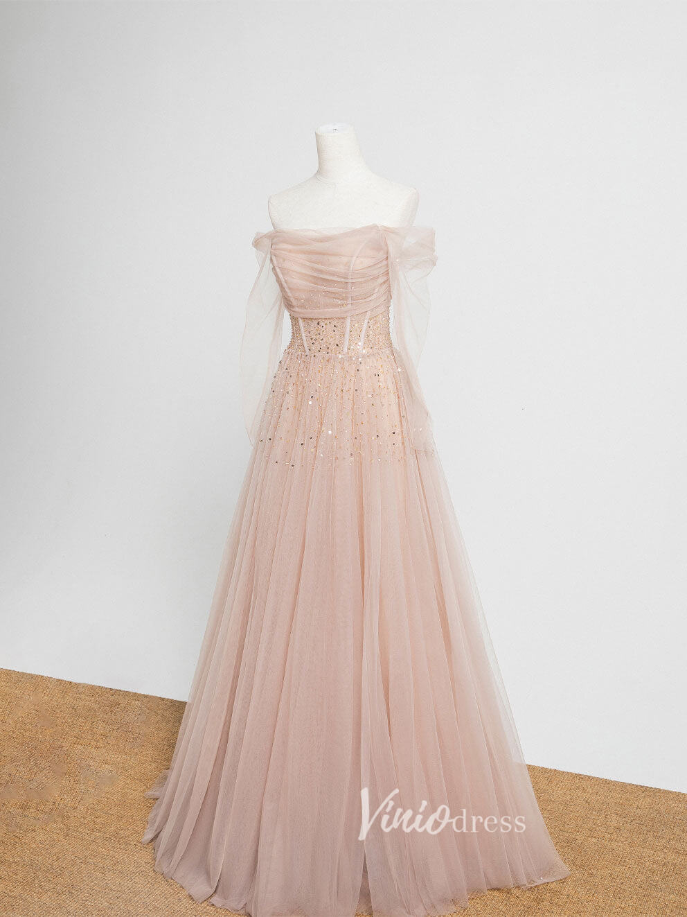 Prom Dress 2025 Blush Pink Off the Shoulder Prom Dresses Sequin Pleated Evening Dress FD3169-unique prom dresses-Blush Pink-Custom Size-Viniodress