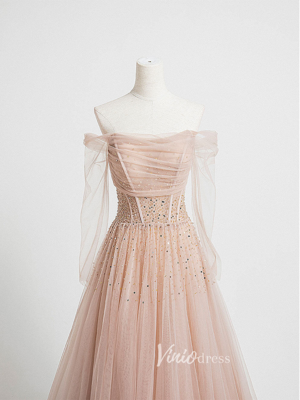 Prom Dress 2025 Blush Pink Off the Shoulder Prom Dresses Sequin Pleated Evening Dress FD3169-unique prom dresses-Blush Pink-Custom Size-Viniodress