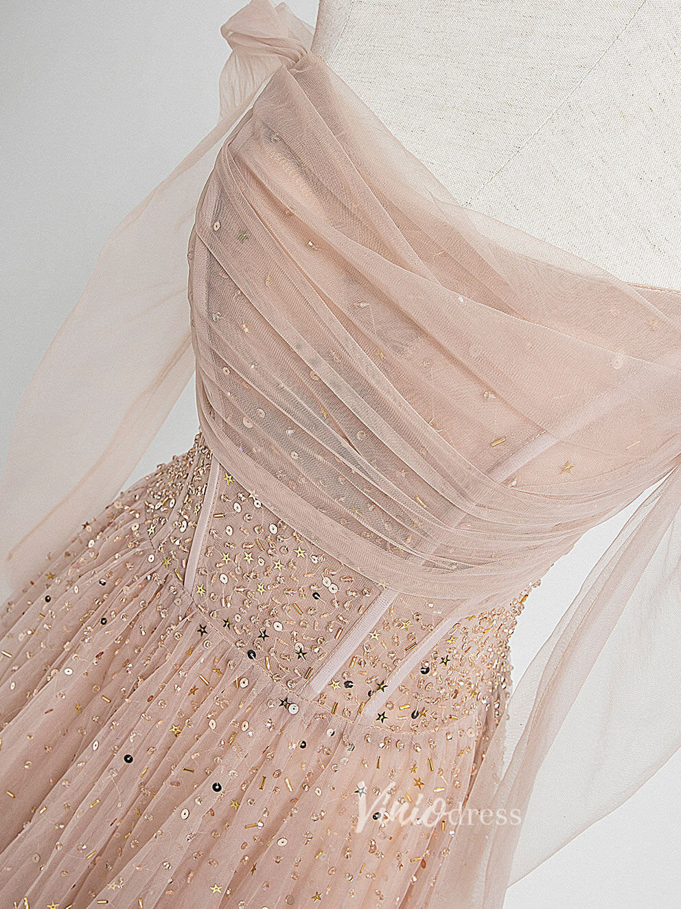 Prom Dress 2025 Blush Pink Off the Shoulder Prom Dresses Sequin Pleated Evening Dress FD3169-unique prom dresses-Blush Pink-Custom Size-Viniodress