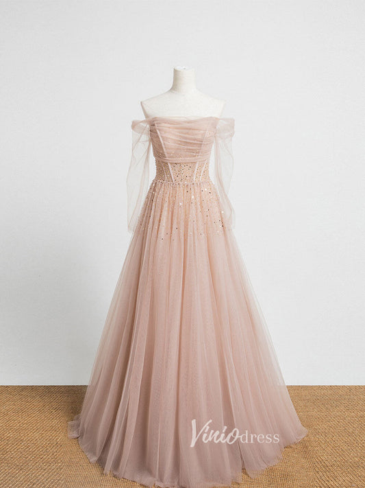 Prom Dress 2025 Blush Pink Off the Shoulder Prom Dresses Sequin Pleated Evening Dress FD3169-unique prom dresses-Blush Pink-Custom Size-Viniodress