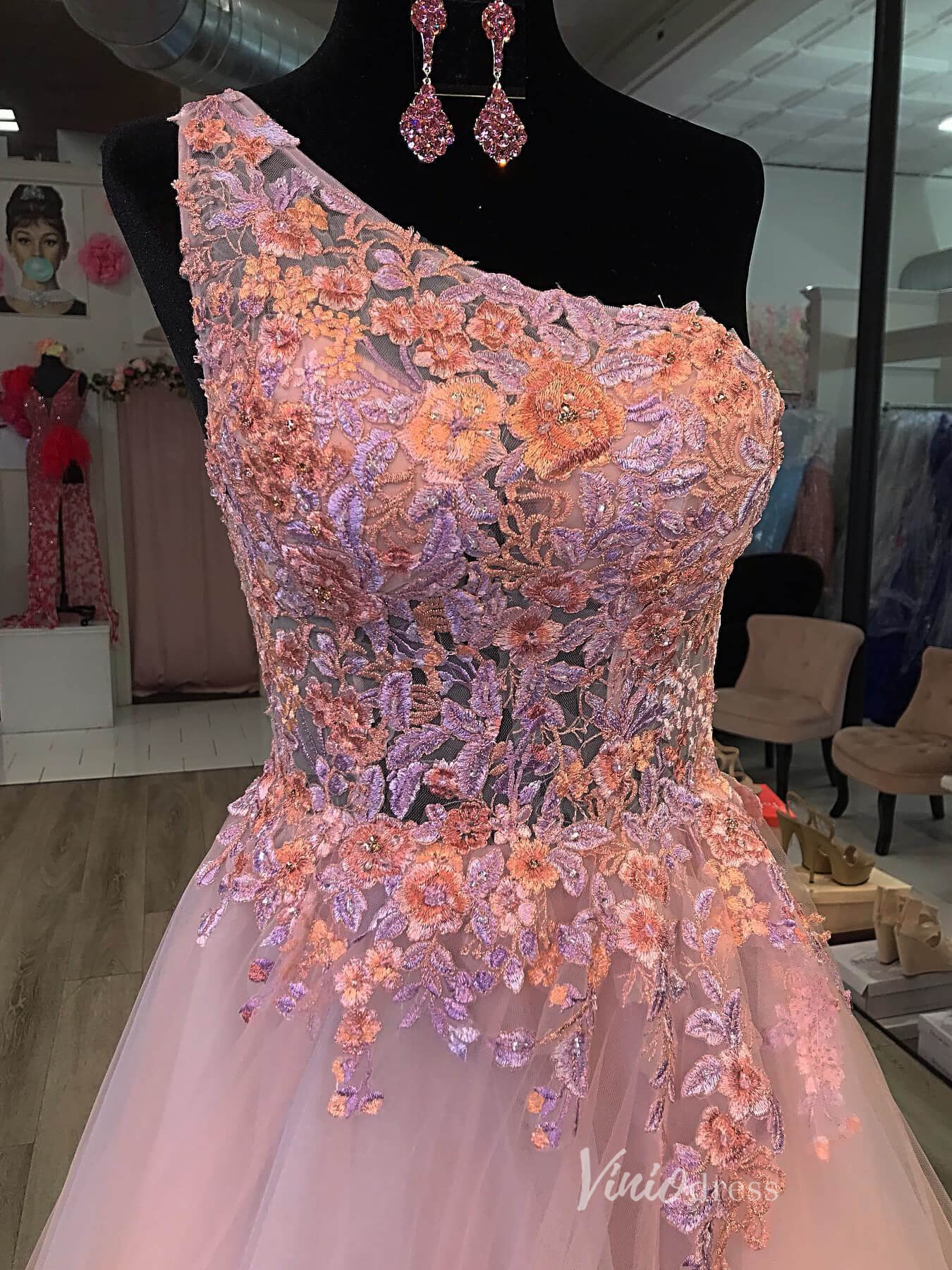 Blush Pink One Shoulder Lace Applique Prom Dresses Sheer Bodice FD4081-prom dresses 2025 -Viniodress-Blush Pink-Custom Size-