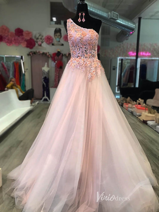 Blush Pink One Shoulder Lace Applique Prom Dresses Sheer Bodice FD4081 - Viniodressprom dressesBlush PinkCustom Size - Formal Dresses - Ball Gowns