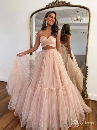 Blush Pink Organza Two Piece Prom Dresses Removable Puffed Sleeve Crossed Bodice FD4091-prom dresses 2025 -Viniodress-Blush Pink-Custom Size-