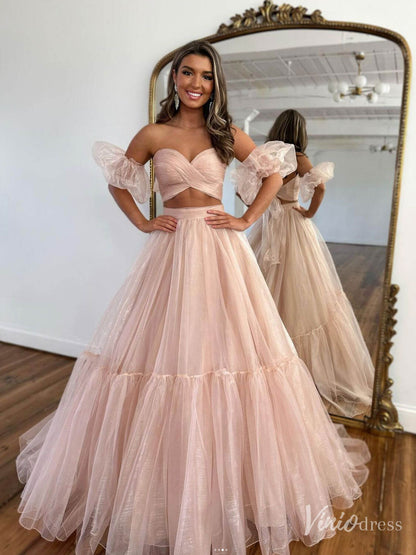 Blush Pink Organza Two Piece Prom Dresses Removable Puffed Sleeve Crossed Bodice FD4091-prom dresses 2025 -Viniodress-Blush Pink-Custom Size-