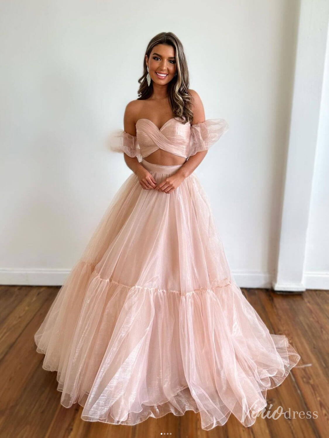 Blush Pink Organza Two Piece Prom Dresses Removable Puffed Sleeve Crossed Bodice FD4091 - Viniodressprom dressesBlush PinkCustom Size - Formal Dresses - Ball Gowns