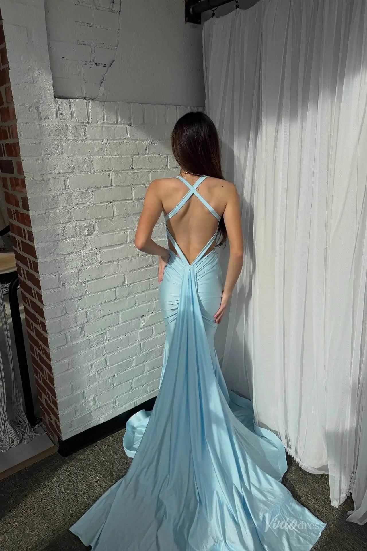 Blush Pink Plunging V-Neck Mermaid Prom Dress with Open Back & Draped Train – SS157-prom dresses 2026-Viniodress-Blush-Custom Size-